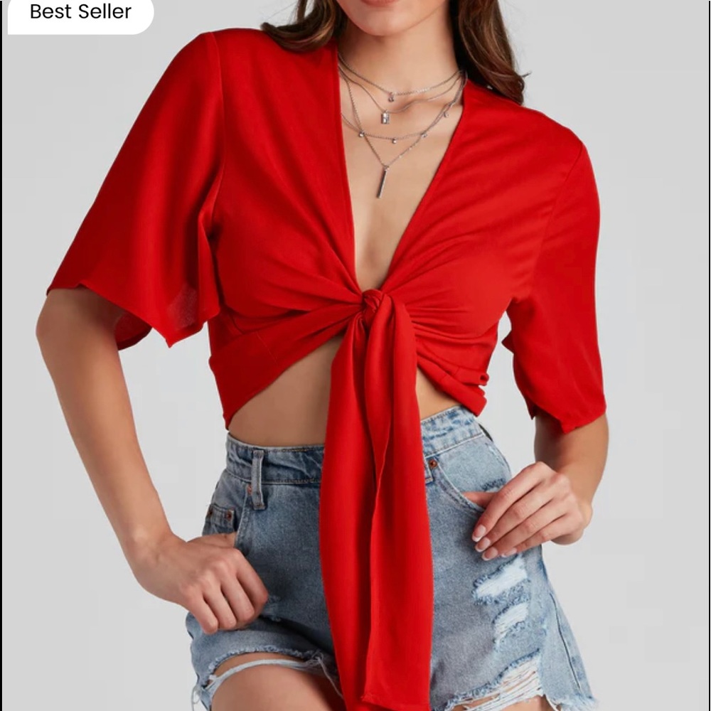 2 piece set- Red Stunner Tie Front
Kimono & High Waist Faux Leather Hot
Shorts.